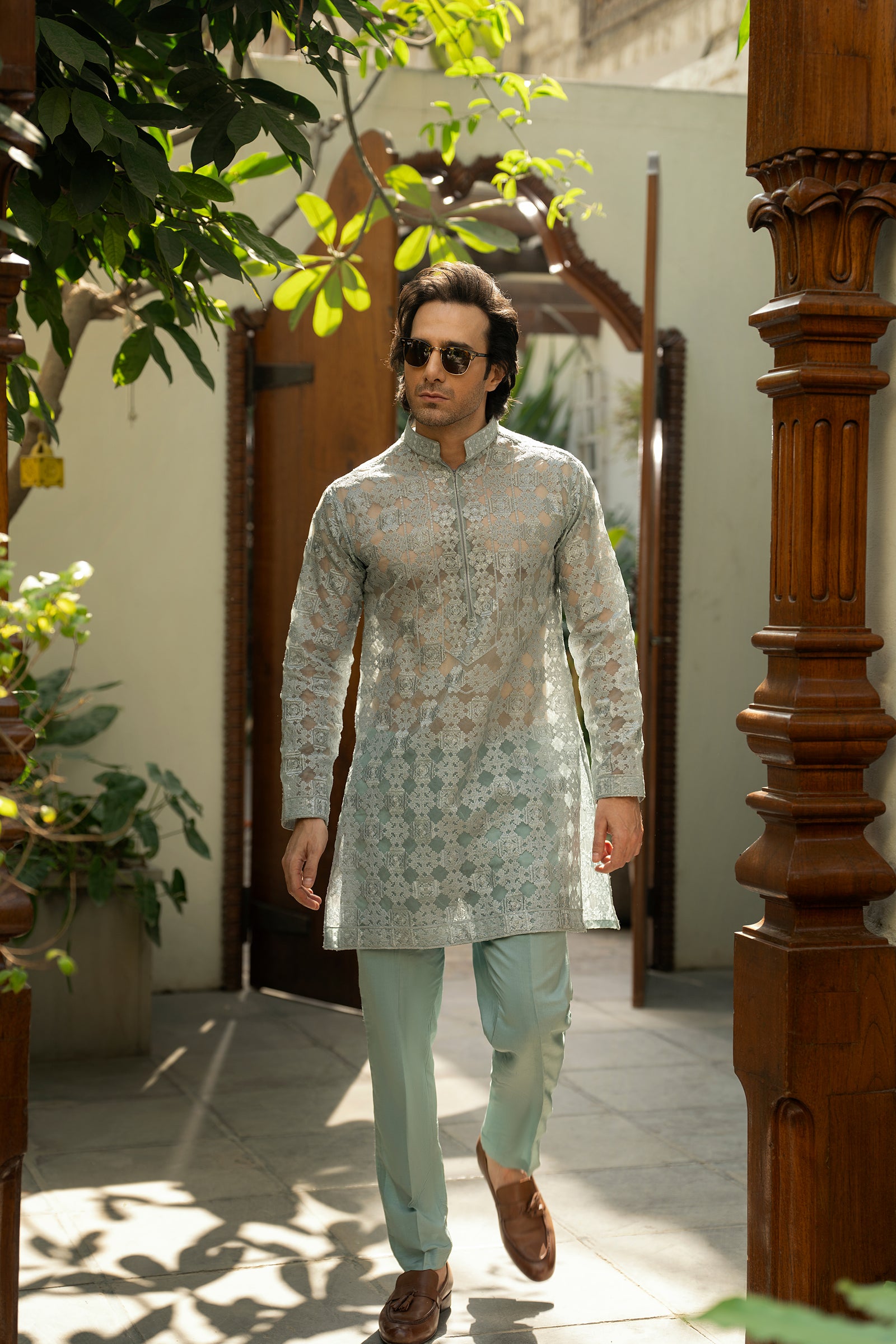 Aqua Blue Organza Kurta & Cotton Pajama