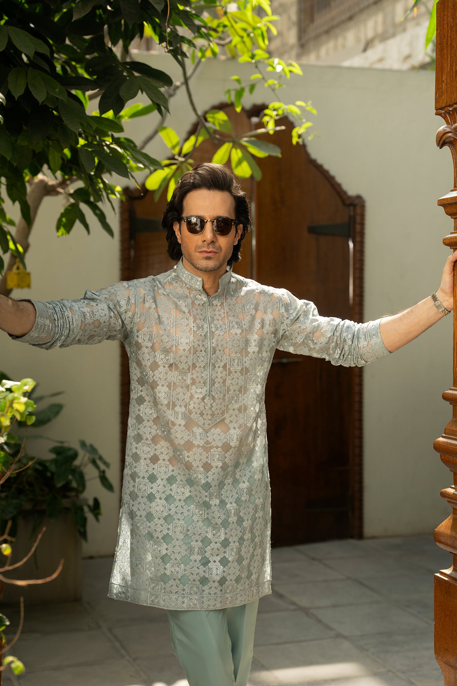 Aqua Blue Organza Kurta & Cotton Pajama