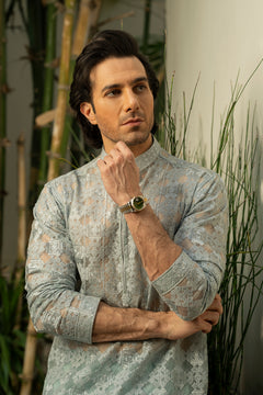 Aqua Blue Organza Kurta & Cotton Pajama