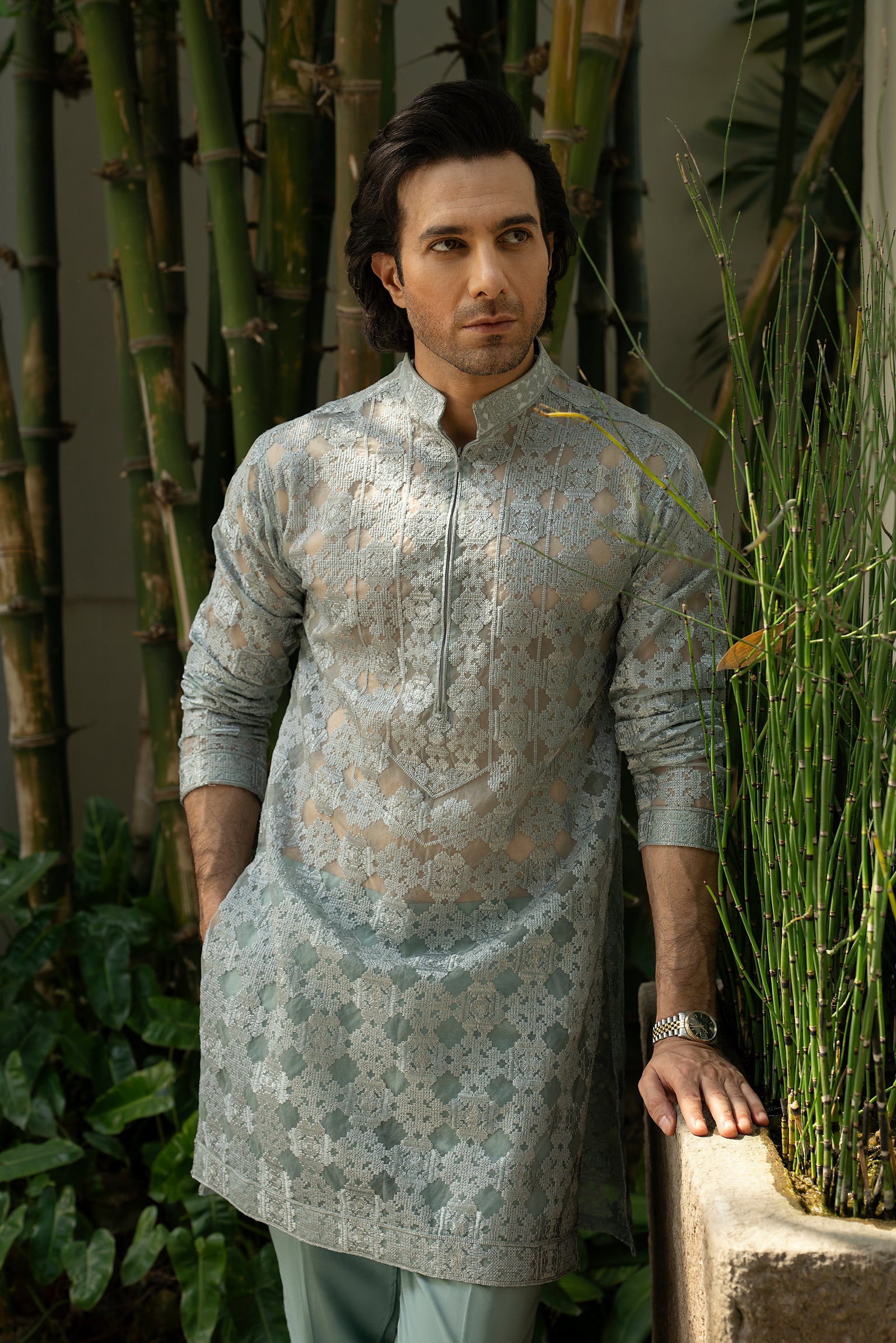 Aqua Blue Organza Kurta & Cotton Pajama