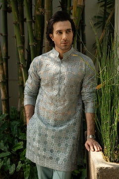 Aqua Blue Organza Kurta & Cotton Pajama