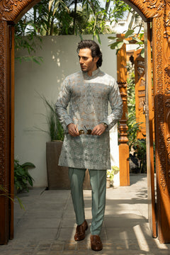 Aqua Blue Organza Kurta & Cotton Pajama