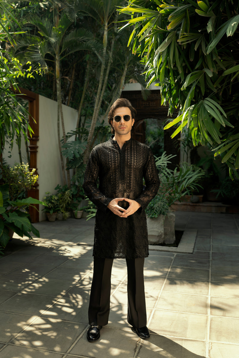 Black Organza & Raw Silk Kurta Pajama